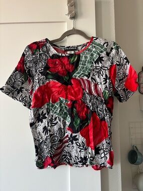 Sag Harbor Red Floral Short Sleeve Tee with Black & White Pattern